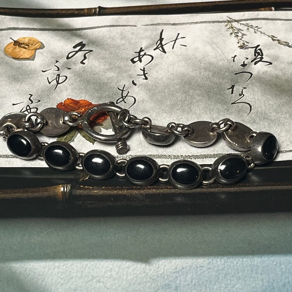 Vintage Heavy 925 Sterling Silver MEXICO and Onyx Cabochon Stone Bracelet